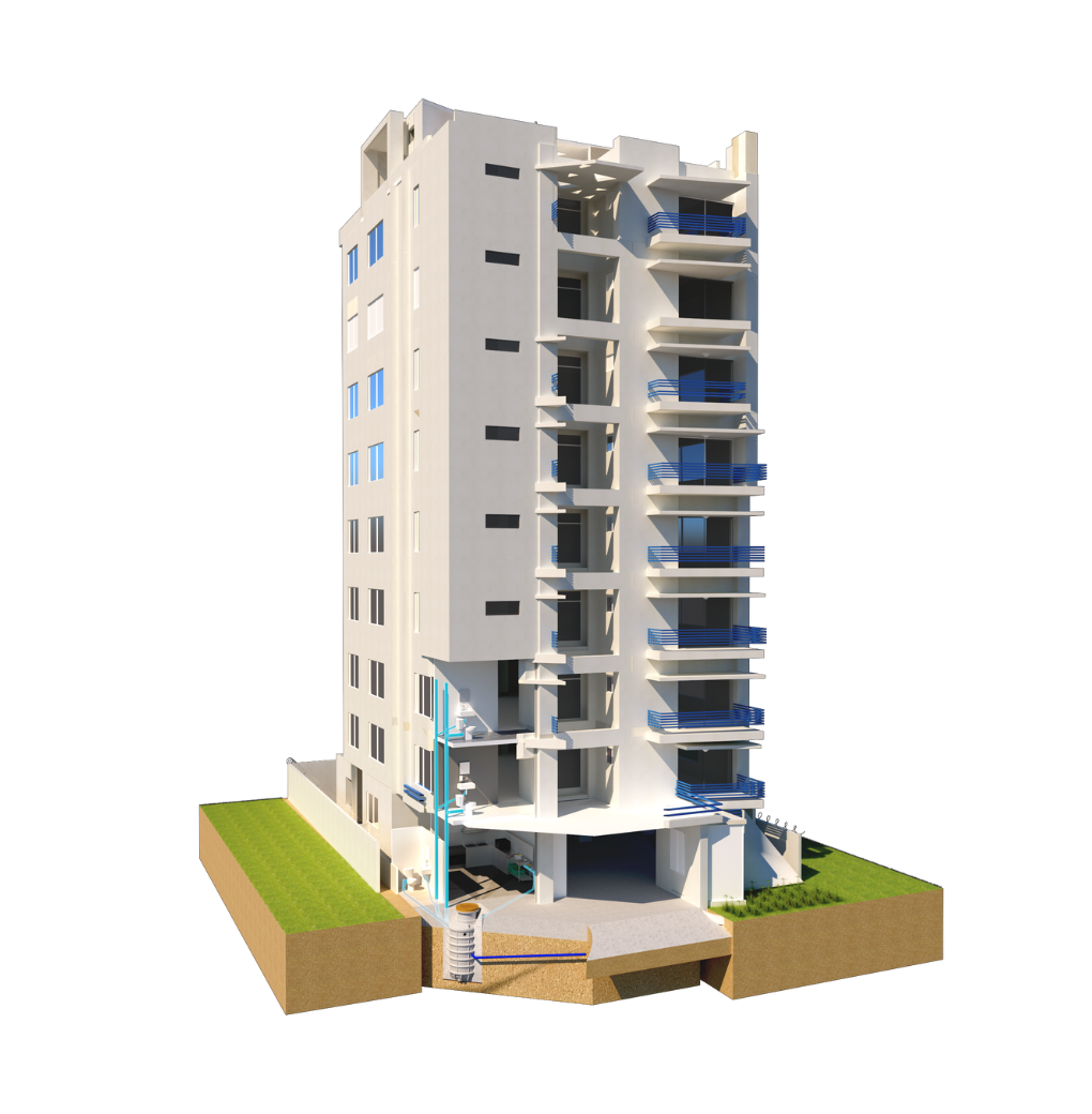 Evacua las aguas servidas de un edificio residencial